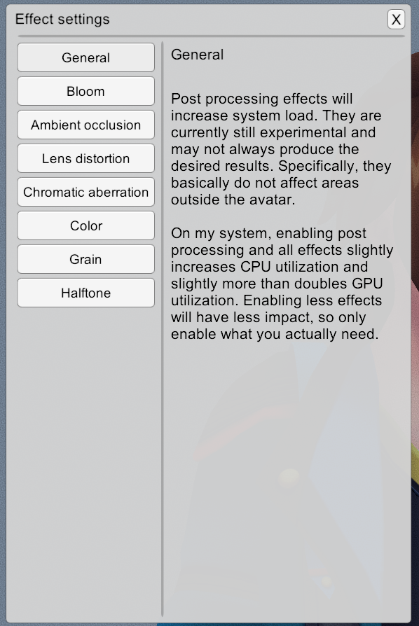 Paramètres des effets VSeeFace
