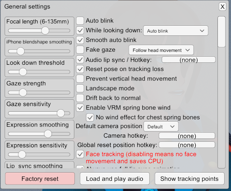 Paramètres générales VSeeFace